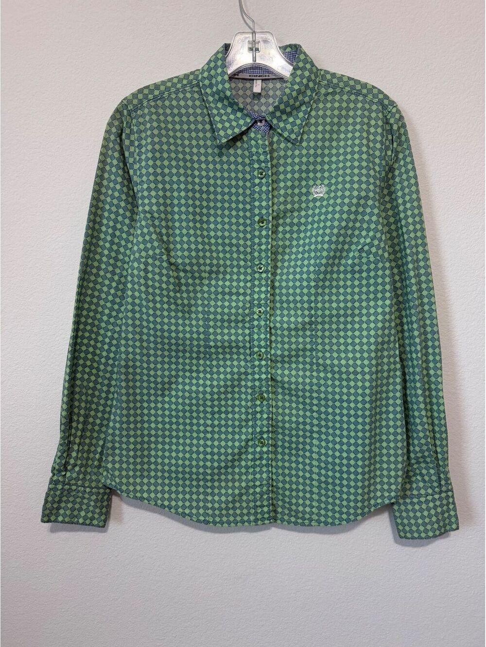 CINCH Long Sleeve Button Up Blue/Green Geo 100% Cotton Shirt Women's Size M